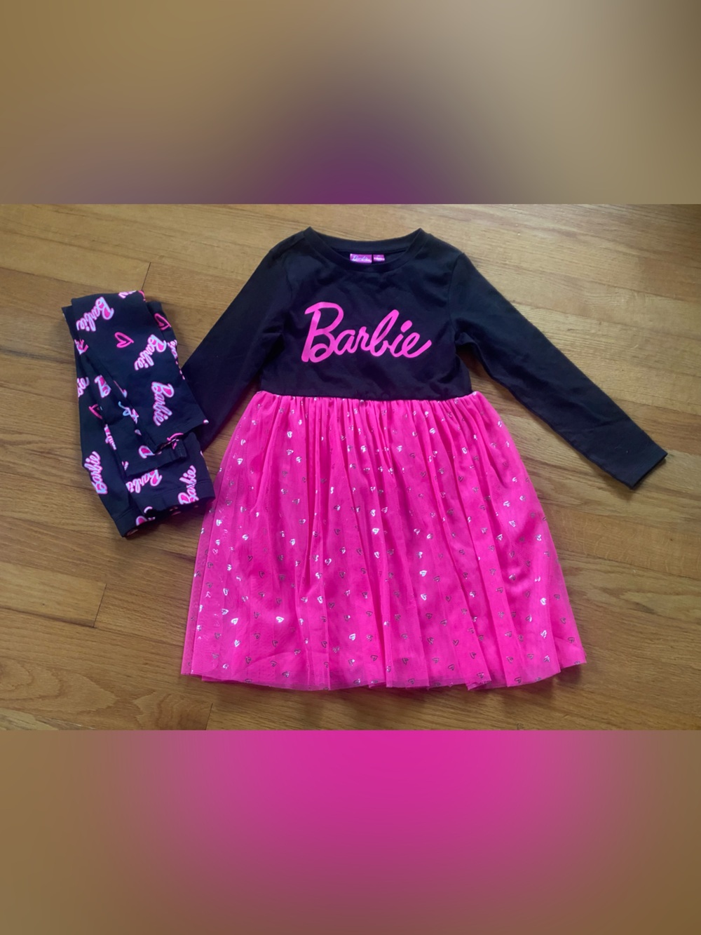 Barbie Black Top with Hot Pink Tulle Skirt & Printed Leggings